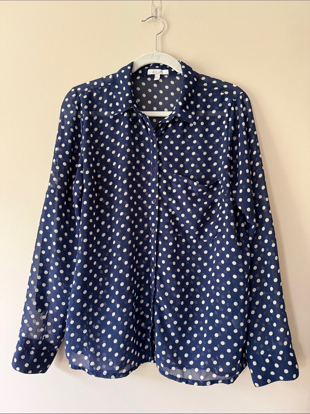 dELiA*s Navy Polka Dot Button-Down Blouse